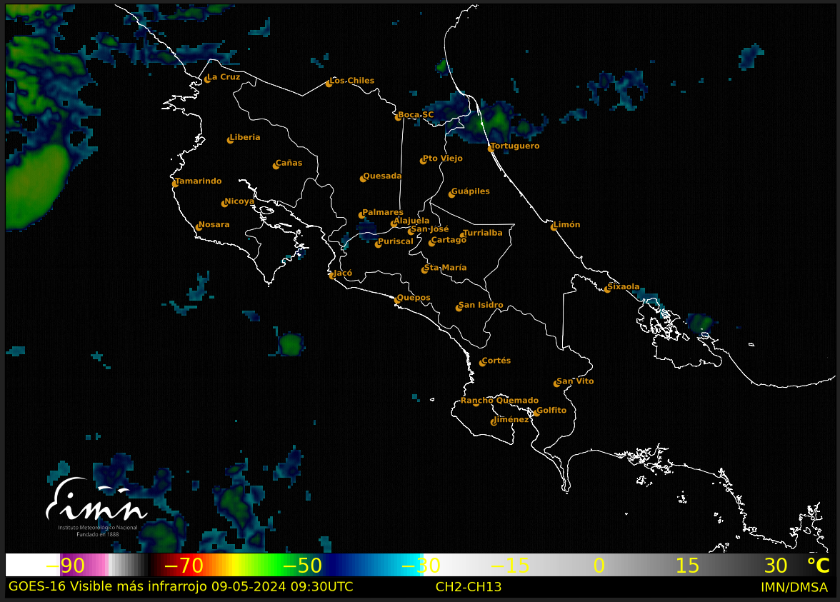 Imagen satelital de las condiciones del tiempo en Costa Rica, con filtro: visible más infrarrojo.