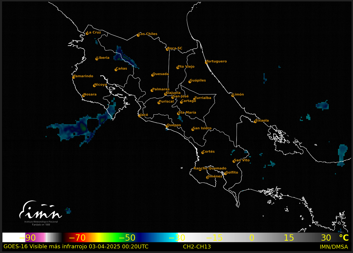 Imagen satelital de las condiciones del tiempo en Costa Rica, con filtro: visible más infrarrojo.